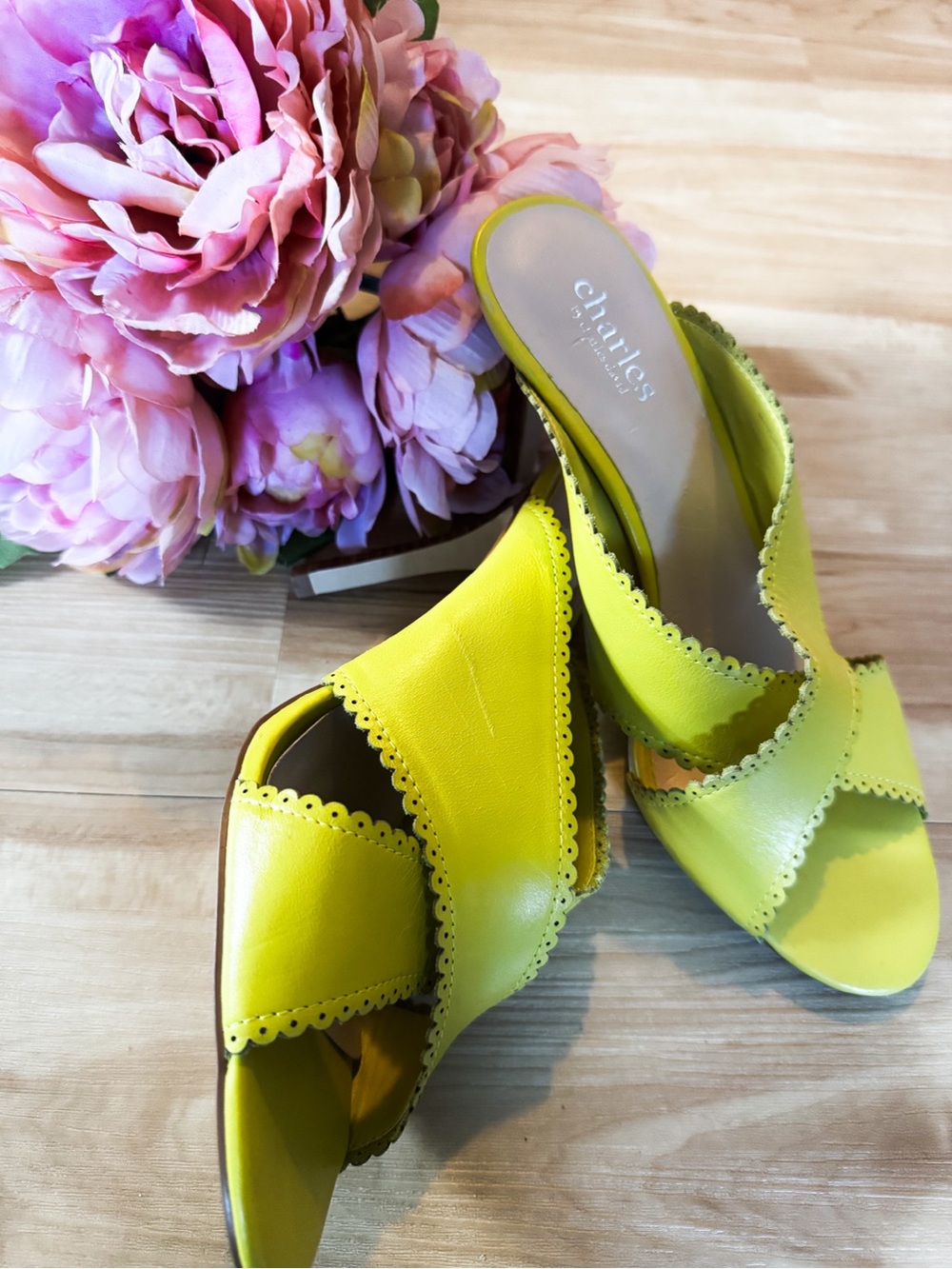 Charles By Charles David Neon Lime Leather Slip-On Mules
